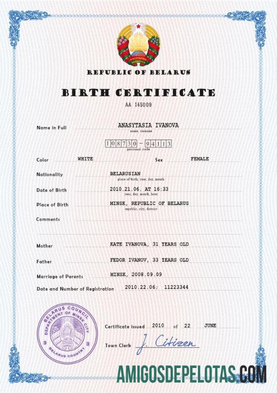 Em branco modelo PSD de certidão de nascimento da Bielorrússia